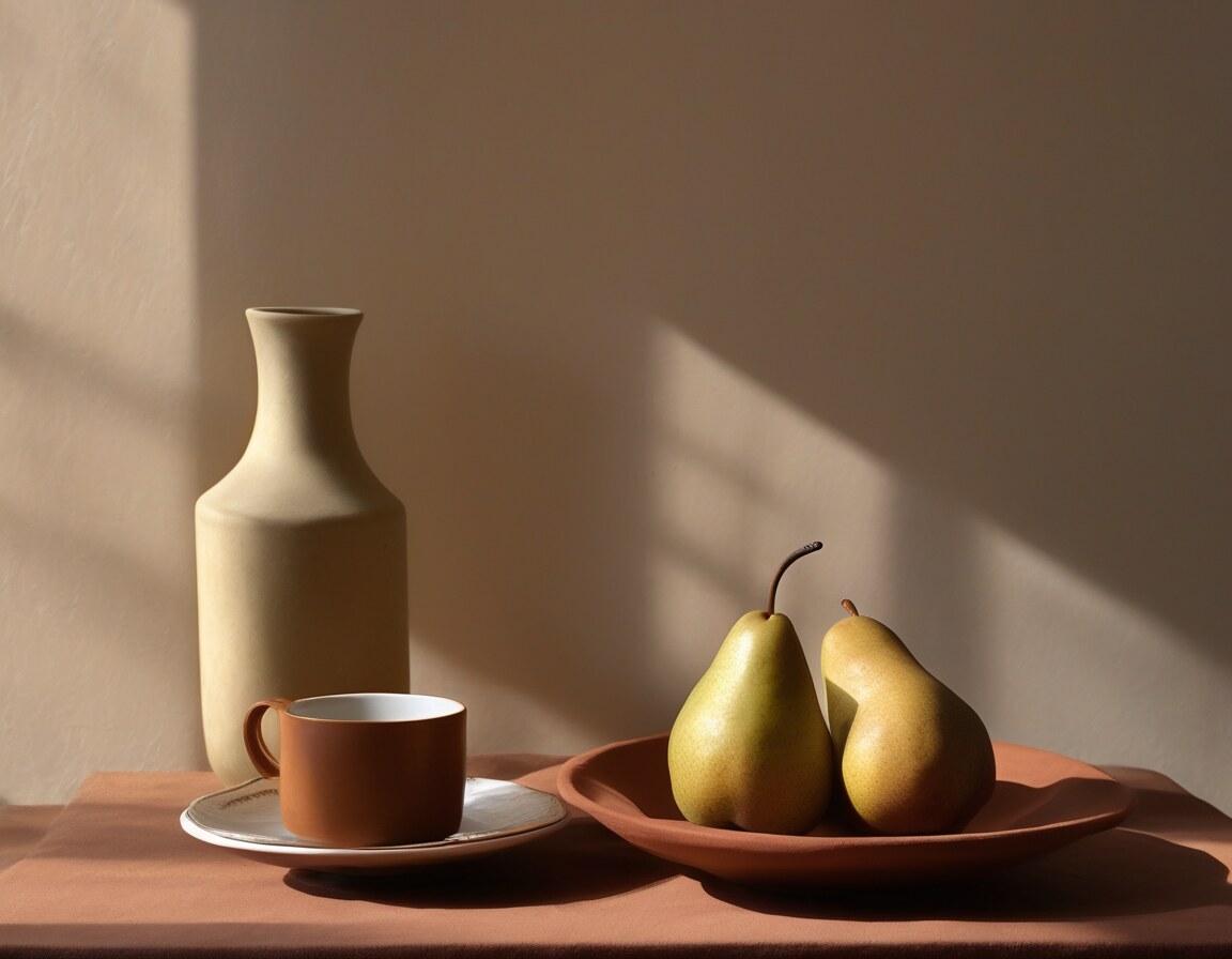 An AI-generated editorial still life of a stoneware bottle, a cup on a saucer and two pears on a clay plate; imagined, not the featured museum.
