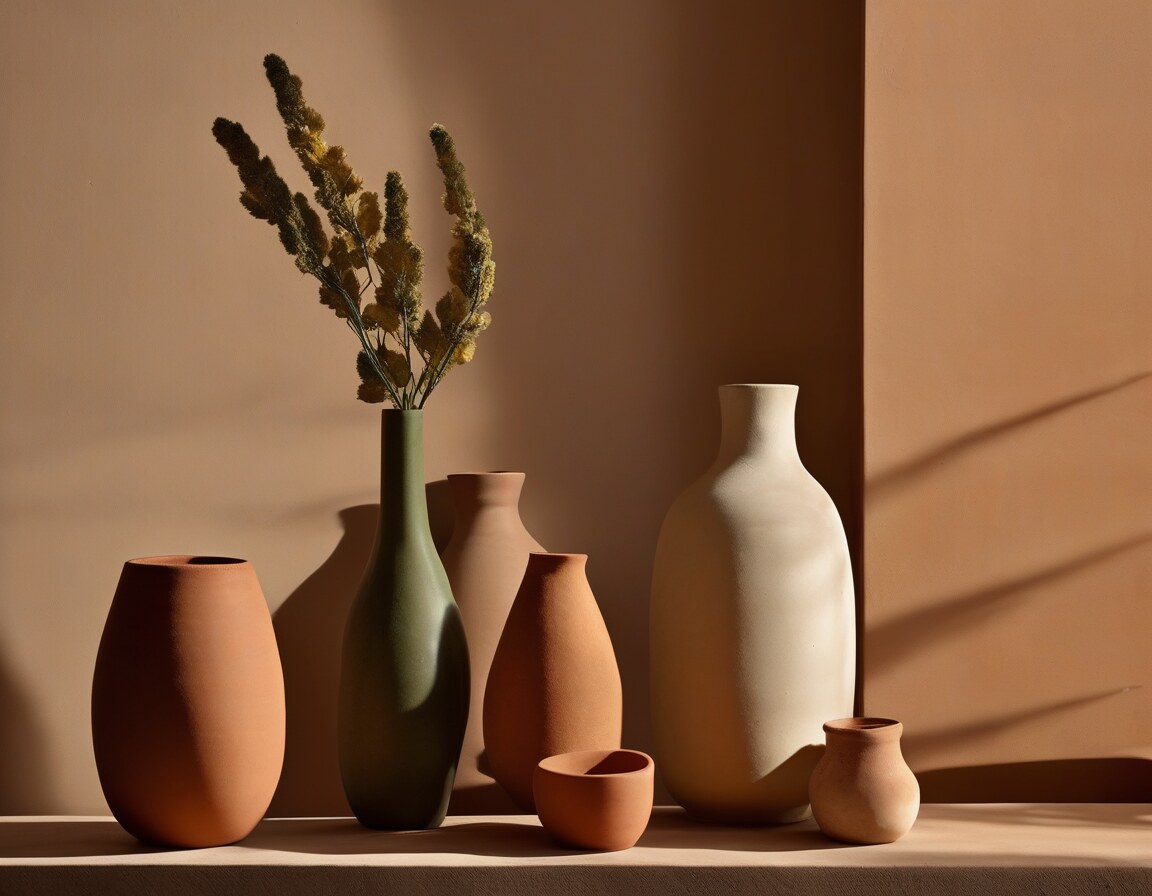 An AI-generated editorial still life of terracotta, olive and ivory clay vessels with a dried flower stem on a plaster ledge; an imagined studio, not the featured venue.