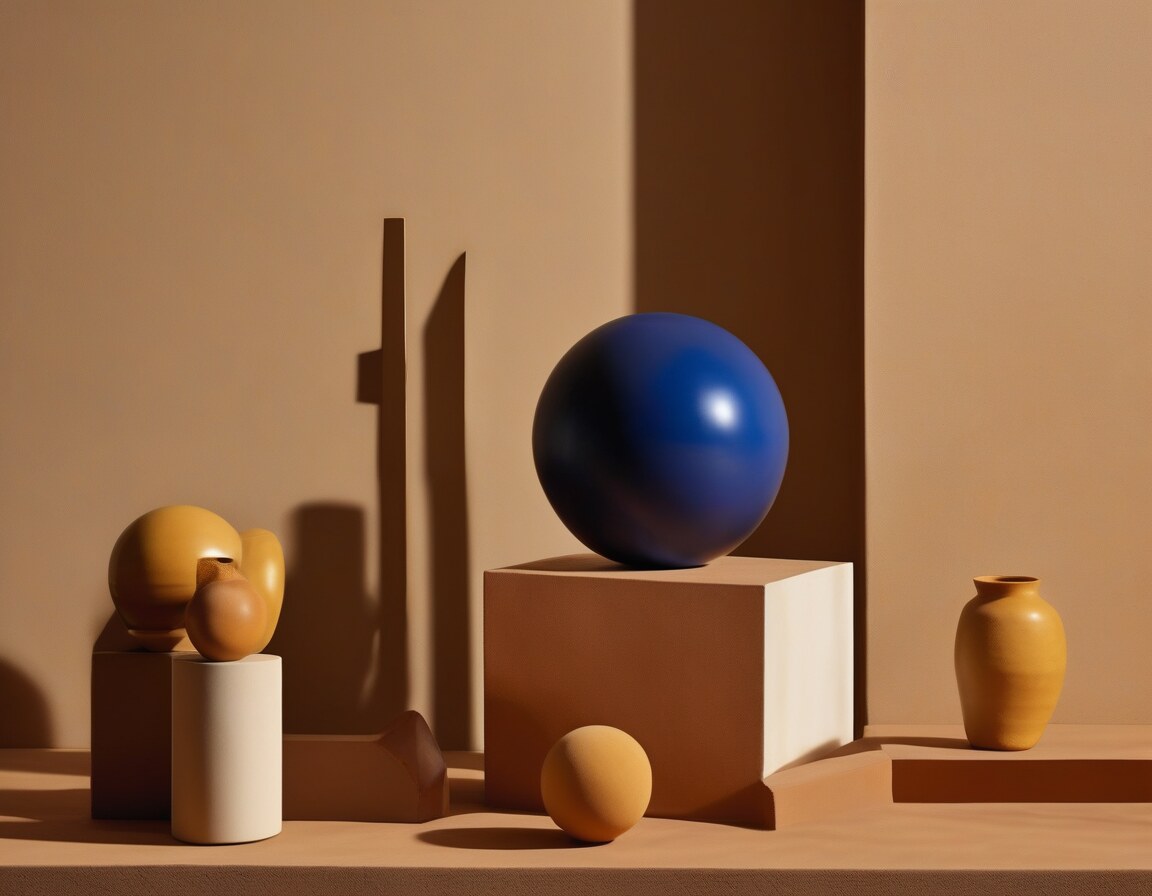 An AI-generated editorial still life of a cobalt sphere on a plinth among ochre forms and blocks; imagined objects, not art from the featured museum.