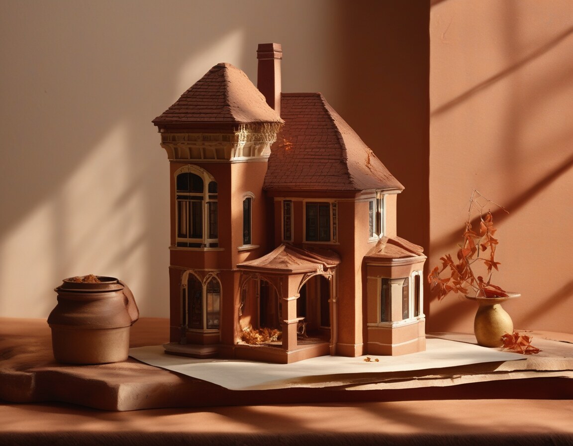 An AI-generated editorial still life of a small terracotta model house with a tower, set on loose papers beside a lidded crock and a sprig of autumn leaves; imagined, not the featured museum.