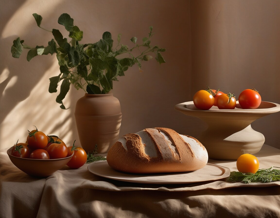 An AI-generated editorial still life of a round loaf on a plate, tomatoes in a bowl and on a stand, and greens in a stoneware vase on linen; imagined, not the featured market.